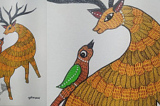 Gond Art ~ Hand Painted Gond Painting - Deer with Parrot 