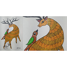 Gond Art ~ Hand Painted Gond Painting - Deer with Parrot 