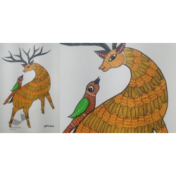 Gond Art ~ Hand Painted Gond Painting - Deer with Parrot 