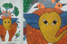 Gond Art ~ Hand Painted Gond Painting - Elephant & Birds