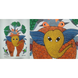 Gond Art ~ Hand Painted Gond Painting - Elephant & Birds