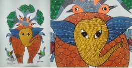 Gond Art ~ Hand Painted Gond Painting - Elephant & Birds