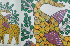 Gond Art ~ Hand Painted Gond Painting - Elephant & Parrot