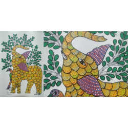 Gond Art ~ Hand Painted Gond Painting - Elephant & Parrot