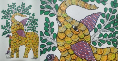 Gond Art ~ Hand Painted Gond Painting - Elephant & Parrot