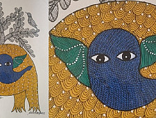 Gond Art ~ Hand Painted Gond Painting - Elephant & Tree