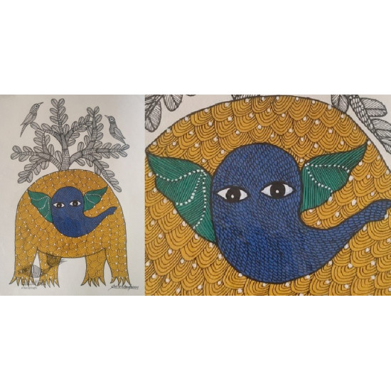 Gond Painting - indian art- Elephant & Tree