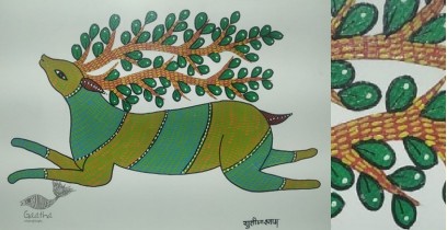 Gond Art ~ Hand Painted Gond Painting - Green Deer