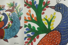 Gond Art ~ Hand Painted Gond Painting -Peahen & Fish