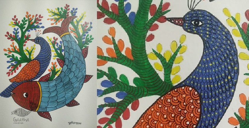 Gond Painting - indian art -Peahen & Fish