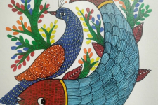 Gond Art ~ Hand Painted Gond Painting -Peahen & Fish