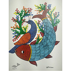 Gond Art ~ Hand Painted Gond Painting -Peahen & Fish