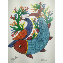 Gond Art ~ Hand Painted Gond Painting -Peahen & Fish