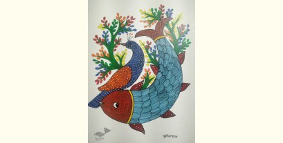 Gond Art ~ Hand Painted Gond Painting -Peahen & Fish