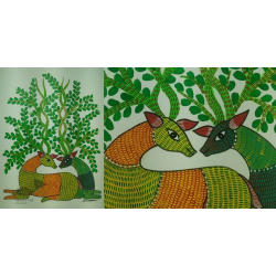 Gond Art ~ Hand Painted Gond Painting - Two Deer