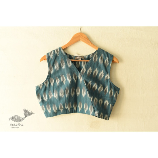 Stitched Teal Blue Cotton Sleeve Less Blouse