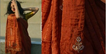 Shaahi ❂ Gold & Red tissue Silk Hand-embroidered Saree ❂ C