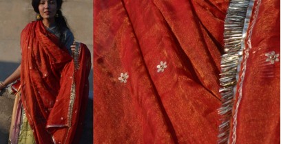Shaahi ❂ Red & Gold tissue silk hand-embroidered Dupatta ❂ J