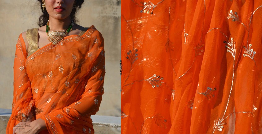 Buy Orange & Gold Hand Embroidered Chiffon Saree