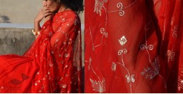 Shaahi ❂ Hand Embroidered Aari Jaal Red Chiffon Saree ❂ 13