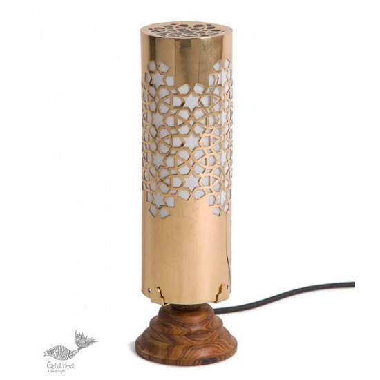 brass and wood table lamp