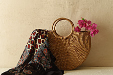 Neelanjana . नीलांजना ~ Ajrakh Block Printed - Square Modal Silk Scarf - Red 