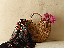 Neelanjana . नीलांजना ~ Ajrakh Block Printed - Square Modal Silk Scarf - Red 