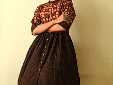 Flower in the Pond ~ Ajrakh Block Print - Designer Brown Doted Cotton Dress