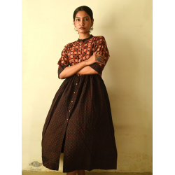 Flower in the Pond ~ Ajrakh Block Print - Designer Brown Doted Cotton Dress