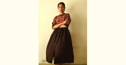 Flower in the Pond ~ Ajrakh Block Print - Designer Brown Doted Cotton Dress