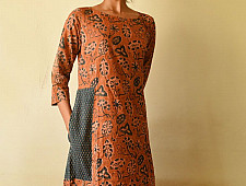 Flower in the Pond ~ Ajrakh Block Print Designer Cotton Dress in Brown Color