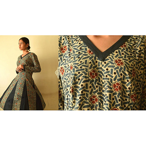 Black - Natural Dyed Block Print Cotton Tiered Ajrakh Dress 07