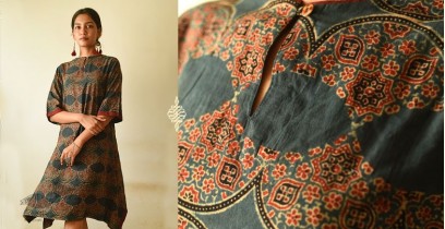 Flower in the Pond ~ Ajrakh Block Print Designer A-Line Cotton Dress