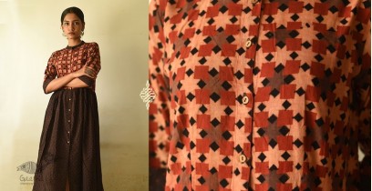Flower in the Pond ~ Ajrakh Block Print - Designer Brown Doted Cotton Dress