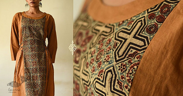 Brown - Hand Block Print Cotton Flared Ajrakh Dress 09 main image 1