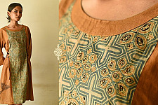 Flower in the Pond ~ Ajrakh Hand Block Printed Cotton Dress in Brown Color
