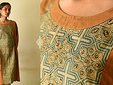 Flower in the Pond ~ Ajrakh Hand Block Printed Cotton Dress in Brown Color