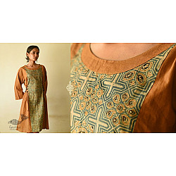 Flower in the Pond ~ Ajrakh Hand Block Printed Cotton Dress in Brown Color