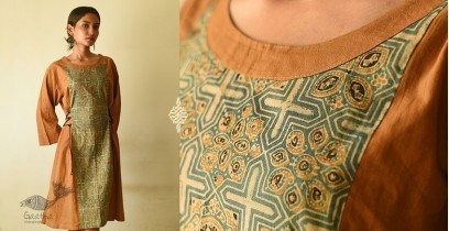 Flower in the Pond ~ Ajrakh Hand Block Printed Cotton Dress in Brown Color