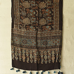 Anagi | Natural Dyed Ajrakh - Modal Silk Black Stole With Flower Motif