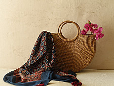 Neelanjana . नीलांजना ~ Ajrakh Jaali Printed Square Modal Silk Scarf 