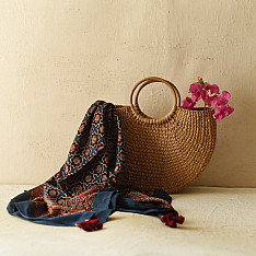 Neelanjana . नीलांजना ~ Ajrakh Jaali Printed Square Modal Silk Scarf 