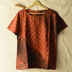 Natural Dyed ~ Ajrakh Cotton Top - Brick Red