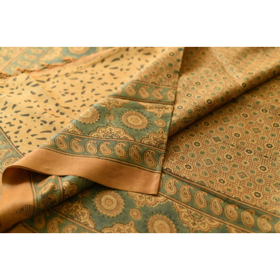 shop handmade ajrakh printed Tussar Silk saree