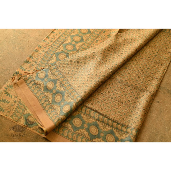 shop handmade ajrakh printed Tussar Silk saree