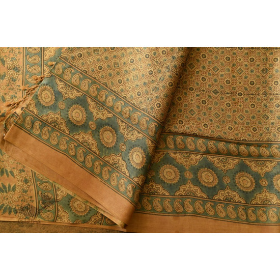 shop handmade ajrakh printed Tussar Silk saree