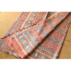 Ajrakh Printed ~ Tussar Silk Saree ~ Natural Color 