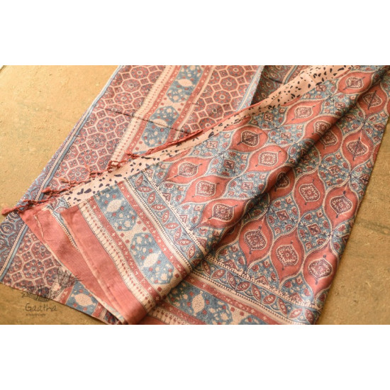 shop handmade ajrakh printed Tussar Silk saree