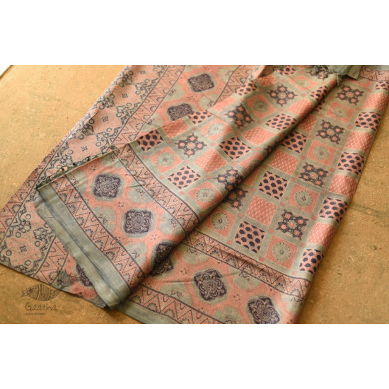 shop handmade ajrakh printed Tussar Silk saree