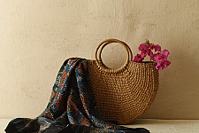 Neelanjana . नीलांजना ~ Ajrakh Flower Printed - Square Modal Silk Scarf